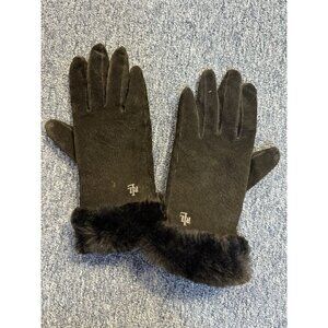 Vintage 90s Lauren Ralph Lauren Black Suede Gloves w/ Rabbit Fur Turn Cuff Sz S